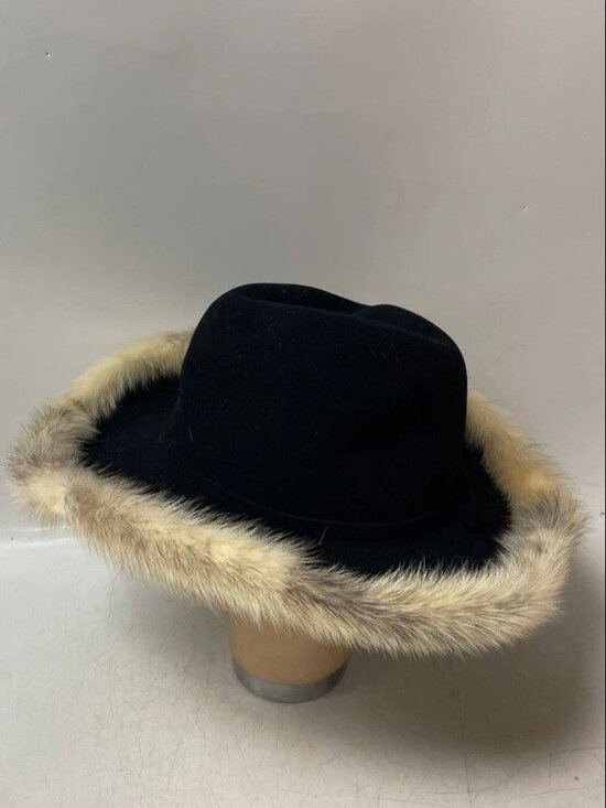 Vintage 1960\'s Mr. John Classic Women\'s Black Wool Wide Brim Hat with Fur Trim